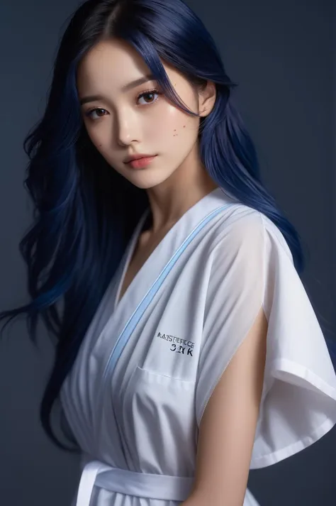 (masterpiece,best quality, ultra realistic,32k,RAW photo,detail skin, 8k uhd, dslr,high quality, film grain:1.5),
 long hair, Blue hair,lady,  brown eyes, dark white hospital gown, freckles,
(dark blue gradient background, simple background:1.3)