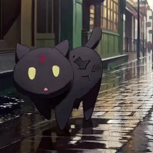 black cat, (walking on street:1.2), rain, <lora:chomusuke:1>, (intricate details:0.9), (hdr, hyperdetailed:1.2)