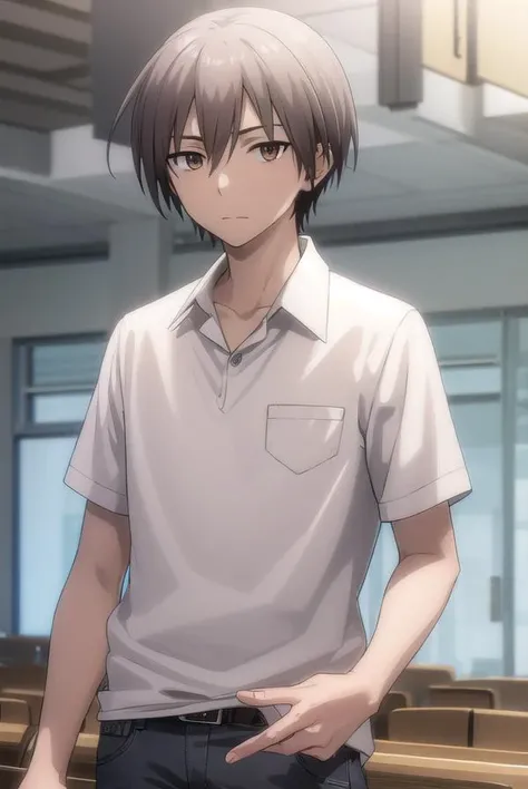 ayumuaikawa, <lora:ayumu aikawa s2-lora-nochekaiser:1>,
ayumu aikawa, short hair, grey hair, (brown eyes:1.3), male focus,
BREAK short hair, shirt, white shirt, collared shirt, pants,
BREAK indoors, classroom,
BREAK looking at viewer, (cowboy shot:1.5),
BREAK <lyco:GoodHands-beta2:1>, (masterpiece:1.2), best quality, high resolution, unity 8k wallpaper, (illustration:0.8), (beautiful detailed eyes:1.6), extremely detailed face, perfect lighting, extremely detailed CG, (perfect hands, perfect anatomy),