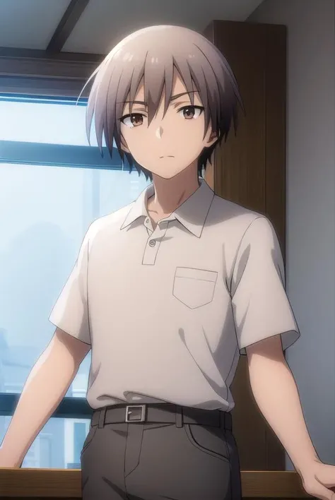ayumuaikawa, <lora:ayumu aikawa s2-lora-nochekaiser:1>,
ayumu aikawa, short hair, grey hair, (brown eyes:1.3), male focus,
BREAK short hair, shirt, white shirt, collared shirt, pants,
BREAK indoors, classroom,
BREAK looking at viewer, (cowboy shot:1.5),
BREAK <lyco:GoodHands-beta2:1>, (masterpiece:1.2), best quality, high resolution, unity 8k wallpaper, (illustration:0.8), (beautiful detailed eyes:1.6), extremely detailed face, perfect lighting, extremely detailed CG, (perfect hands, perfect anatomy),