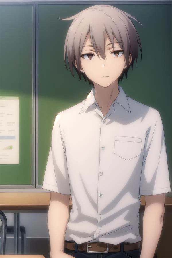 ayumuaikawa, <lora:ayumu aikawa s2-lora-nochekaiser:1>,
ayumu aikawa, short hair, grey hair, (brown eyes:1.3), male focus,
BREAK short hair, shirt, white shirt, collared shirt, pants,
BREAK indoors, classroom,
BREAK looking at viewer, (cowboy shot:1.5),
BREAK <lyco:GoodHands-beta2:1>, (masterpiece:1.2), best quality, high resolution, unity 8k wallpaper, (illustration:0.8), (beautiful detailed eyes:1.6), extremely detailed face, perfect lighting, extremely detailed CG, (perfect hands, perfect anatomy),