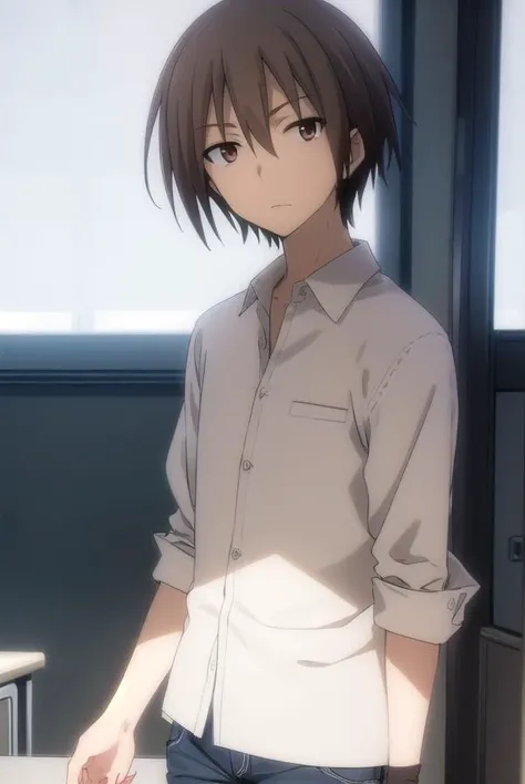 ayumuaikawa, <lora:ayumu aikawa s2-lora-nochekaiser:1>,
ayumu aikawa, short hair, grey hair, (brown eyes:1.3), male focus,
BREAK short hair, shirt, white shirt, collared shirt, pants,
BREAK indoors, classroom,
BREAK looking at viewer, (cowboy shot:1.5),
BREAK <lyco:GoodHands-beta2:1>, (masterpiece:1.2), best quality, high resolution, unity 8k wallpaper, (illustration:0.8), (beautiful detailed eyes:1.6), extremely detailed face, perfect lighting, extremely detailed CG, (perfect hands, perfect anatomy),