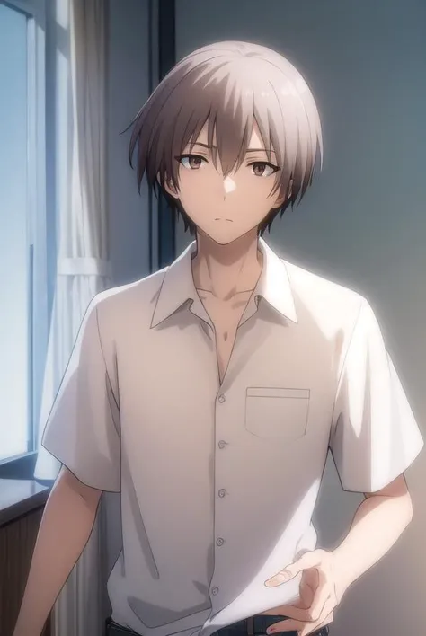 ayumuaikawa, <lora:ayumu aikawa s2-lora-nochekaiser:1>,
ayumu aikawa, short hair, grey hair, (brown eyes:1.3), male focus,
BREAK short hair, shirt, white shirt, collared shirt, pants,
BREAK indoors, classroom,
BREAK looking at viewer, (cowboy shot:1.5),
BREAK <lyco:GoodHands-beta2:1>, (masterpiece:1.2), best quality, high resolution, unity 8k wallpaper, (illustration:0.8), (beautiful detailed eyes:1.6), extremely detailed face, perfect lighting, extremely detailed CG, (perfect hands, perfect anatomy),