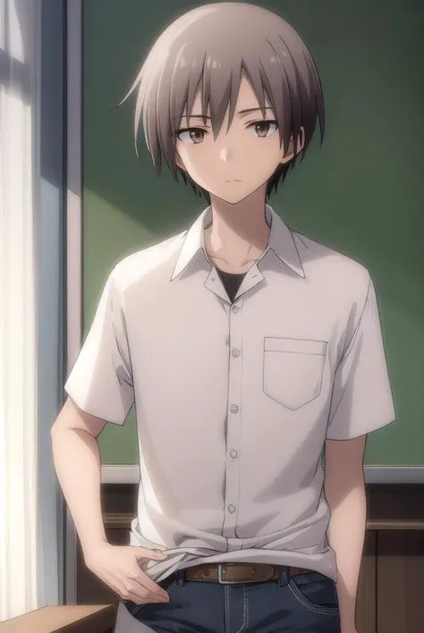 ayumuaikawa, <lora:ayumu aikawa s2-lora-nochekaiser:1>,
ayumu aikawa, short hair, grey hair, (brown eyes:1.3), male focus,
BREAK short hair, shirt, white shirt, collared shirt, pants,
BREAK indoors, classroom,
BREAK looking at viewer, (cowboy shot:1.5),
BREAK <lyco:GoodHands-beta2:1>, (masterpiece:1.2), best quality, high resolution, unity 8k wallpaper, (illustration:0.8), (beautiful detailed eyes:1.6), extremely detailed face, perfect lighting, extremely detailed CG, (perfect hands, perfect anatomy),