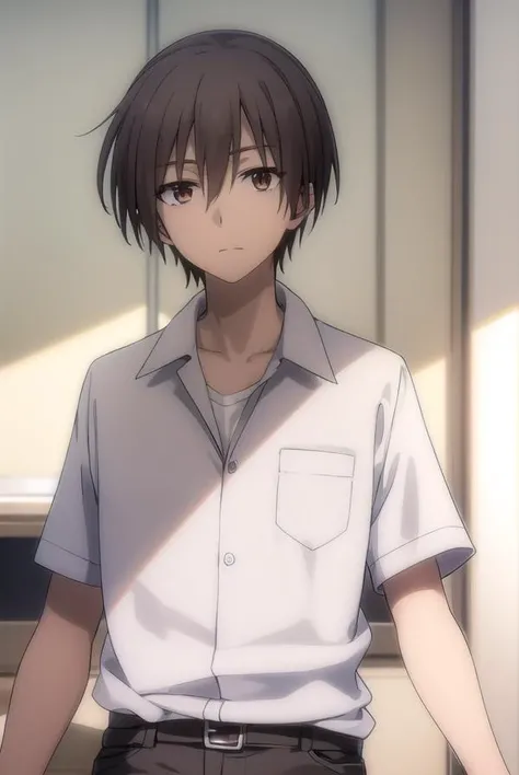 ayumuaikawa, <lora:ayumu aikawa s2-lora-nochekaiser:1>,
ayumu aikawa, short hair, grey hair, (brown eyes:1.3), male focus,
BREAK short hair, shirt, white shirt, collared shirt, pants,
BREAK indoors, classroom,
BREAK looking at viewer, (cowboy shot:1.5),
BREAK <lyco:GoodHands-beta2:1>, (masterpiece:1.2), best quality, high resolution, unity 8k wallpaper, (illustration:0.8), (beautiful detailed eyes:1.6), extremely detailed face, perfect lighting, extremely detailed CG, (perfect hands, perfect anatomy),