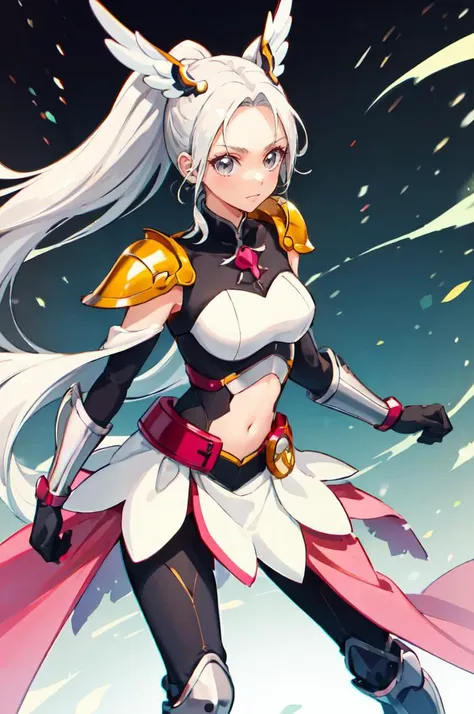 <lora:Prettycure v2:0.7> <lora:mahoushoujo_cpt_v01:0.5> mahoushoujo, fighting stance,, ultra detailed, masterpiece, best quality,, serious, 1girl, (white eyes:1.1), (grey eyes:1.3), white hair, very long hair, parted hair, parted bangs, <lora:parted_hair_v1.3:1.3>, medium breasts,, valkyrie, (bodysuit:1.1), pink wing hair ornament, grey armored skirt, black bodysuit, armor, gauntlets, pink breastplate, greaves, armored dress, pink hues,