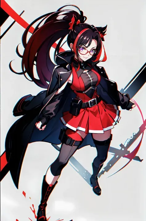 <lora:Prettycure v2:0.7> <lora:mahoushoujo_cpt_v01:0.5> mahoushoujo, fighting stance, black hair,, ultra detailed, masterpiece, best quality,, solo, smug smile, 1girl, purple eyes, red-framed eyewear, (black hair, red colored tips:1.2), red streaked hair, very long hair, side ponytail, tied hair, medium breasts,, <lora:StS-Coat-and-Jacket-On-Shoulders-Iteration2:0.7> dataset, jacket on shoulders, coat on shoulders, red dress, sleeves rolled up, fingerless gloves, holster, belt, multiple belts, combat boots, bulletproof vest, pants, black coat, tactical clothes,
