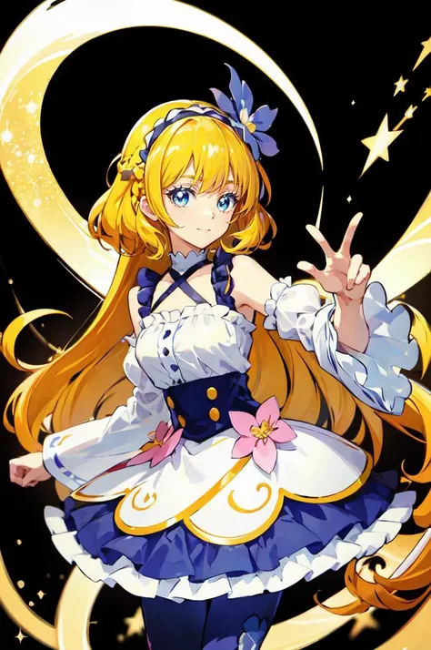 <lora:Prettycure v2:0.7> <lora:mahoushoujo_cpt_v01:0.5> mahoushoujo, fighting stance,, ultra detailed, masterpiece, best quality,, solo, soft smile, light smile,
1girl, blue eyes, very long hair, blonde hair, long blonde hair, french braid, bangs, medium breasts,, hair ribbon, frilled choker, criss-cross halter, sleeveless dress, high-waist skirt, backless dress, waist bow, detached sleeves, frilled sleeves, wide sleeves, pantyhose, patterned legwear, mary janes,