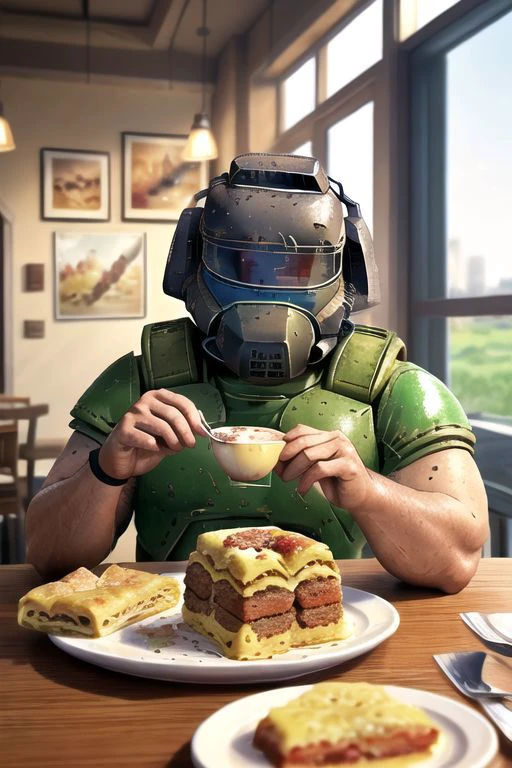 pov across table,looking at viewer,sitting, BREAK CONCEPT_pov_dating_ownwaifu,www.ownwaifu.com,
1boy, solo, (doomguy),
space base backdrop
cup,food,smile,table,blush,plate,blurry,drinking glass with milk,fork,depth of field,blurry background,holding,indoors,blurry foreground,cake,inn, tavern, a plate with tubed meat and tubed pasta, spoon,cafe,glass,head rest,
sharp focus, aesthetic,