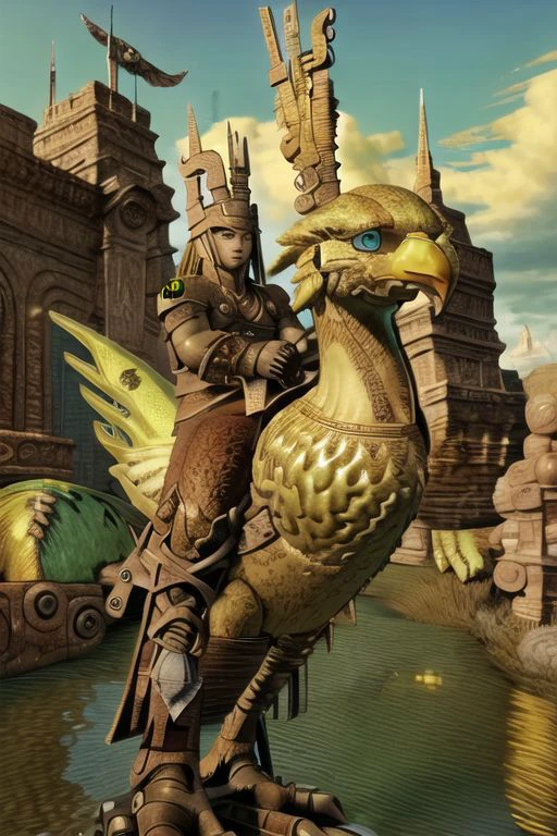 masterpiece,
(((riding (chocobo)))), background is an ancient ruin during midday
(aogre, green skin, brown hair, long hair, red eyes, ponytail, aztec crown, aztec shield, aztec bracelet, aztec trunks, aztec anklets, shirtless, barefoot)
best quality, photography, realism, high detail