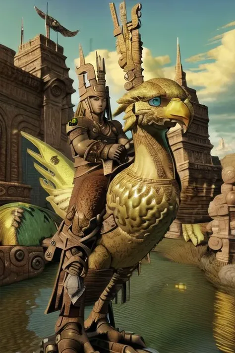 masterpiece, 
(((riding (chocobo)))), background is an ancient ruin during midday
(aogre, green skin, brown hair, long hair, red eyes, ponytail, aztec crown, aztec shield, aztec bracelet, aztec trunks, aztec anklets, shirtless, barefoot)
 best quality, photography, realism, high detail