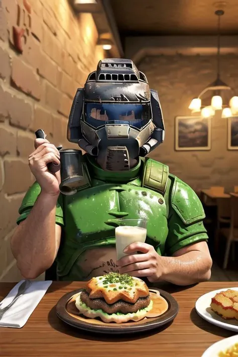 pov across table,looking at viewer,sitting, BREAK  CONCEPT_pov_dating_ownwaifu,www.ownwaifu.com, 
1boy, solo, (doomguy),
space base backdrop
cup,food,smile,table,blush,plate,blurry,drinking glass with milk,fork,depth of field,blurry background,holding,indoors,blurry foreground,cake,inn, tavern, a plate with tubed meat and tubed pasta, spoon,cafe,glass,head rest,
sharp focus, aesthetic,