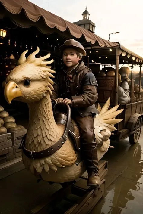 masterpiece, 
1 vendor (potatoes), (riding 1 chocobo) , leaving by the town gae
best quality, photography, realism, high detail