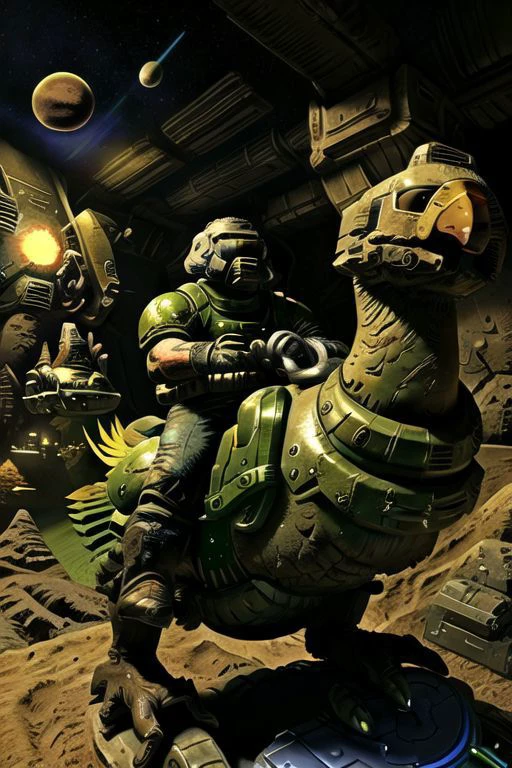 masterpiece,
1 doomguy, riding chocobo, chocobo, background is interior of Moon base
best quality, photography, realism, high detail
