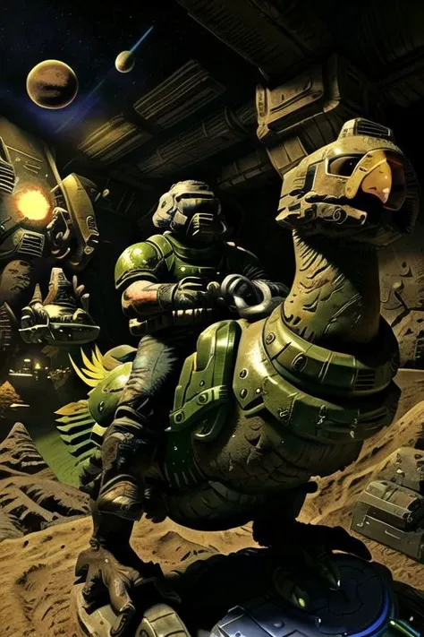 masterpiece, 
1 doomguy, riding chocobo, chocobo, background is interior of Moon base
best quality, photography, realism, high detail