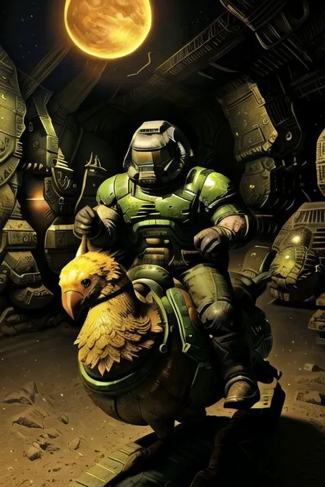 masterpiece, 
1 doomguy, riding chocobo, chocobo, background is interior of Moon base
best quality, photography, realism, high detail