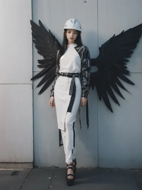 (masterpiece, top quality, best quality, official art, beautiful and aesthetic:1.3), (1girl:1.5), fashion photography, full body, wearing racing helmet, archangel, angel, make up, wings, Korean top model, body armor, tall woman, photoshooting, film grain, blurry, depth of field, rouge, black high heels, thigh gap, detailed background, close up, detailed face, closed mouth, <lora:mechaangelv2-noise:0.4> <lora:InstantPhotoX3:0.4> <lora:ClothingAdjuster3:-1>
