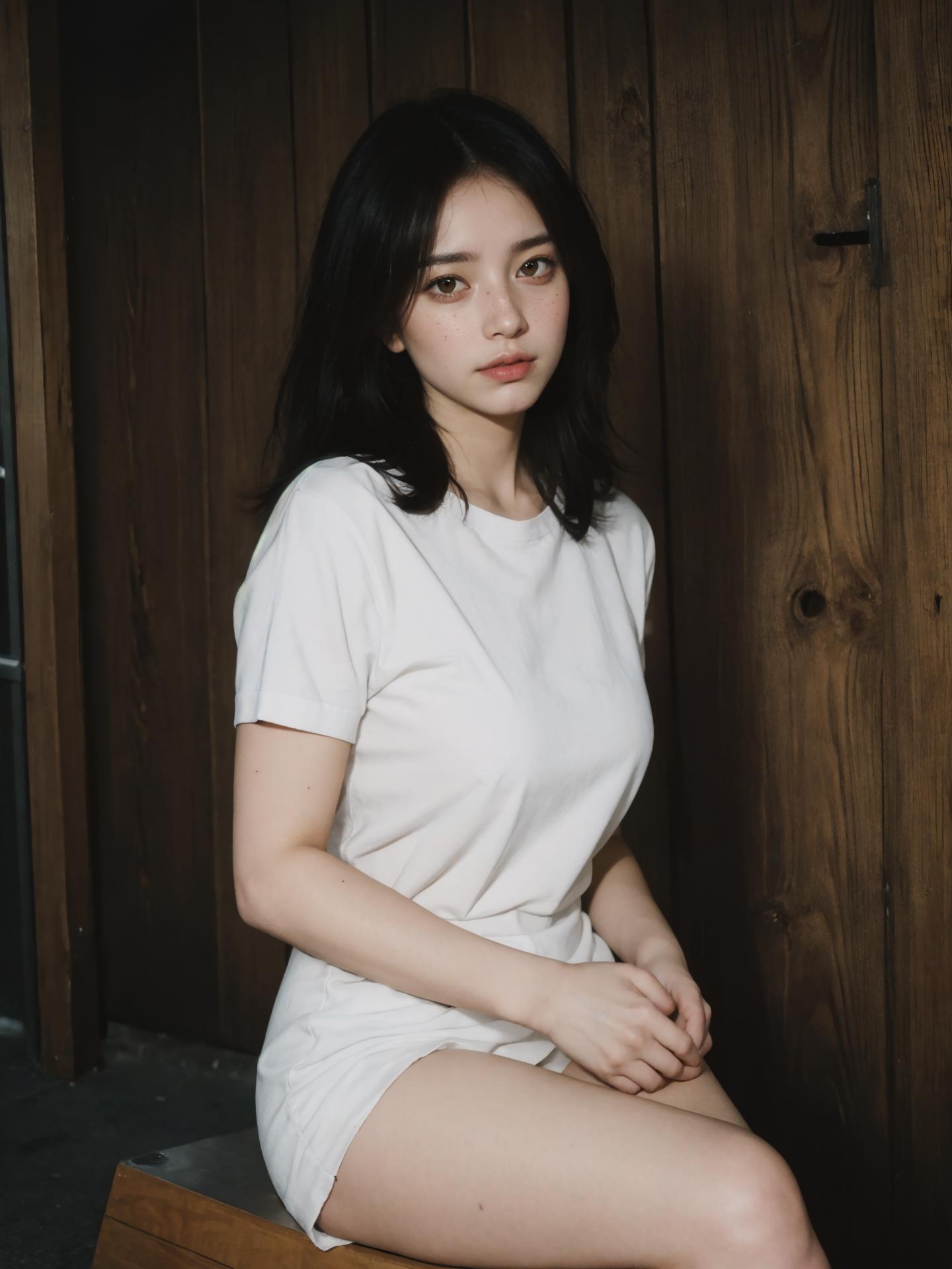 A woman sitting on a wooden bench wearing a white shirt - SeaArt AI