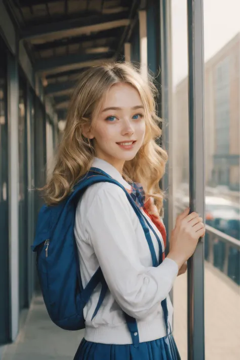 Ultra-realistic 8k CG,masterpiece,best quality,(photorealistic:1.4),HDR,absurdres,Professional,RAW photo,(film grain:1.1),Bokeh,((Depth of field)),raytracing,detailed shadows,1 girl,(blonde hair:1.2),(high ponytail:1.1),young,((European:1.1)),hair_bow,freckles,looking at viewer,school uniform,youthful,energetic,cheerful expression,bright blue eyes,smiling,backpack on shoulder,standing confidently,(gymnasium:1.2),campus,sunlit courtyard,long legs,white sneakers,trendy accessories,natural makeup,rosy cheeks,carefree attitude,artistically inclined,vibrant personality,relaxed atmosphere,in classroom,sun rays from window,relaxed,happy,((reflector \(photography\))),panoramic view,<lora:InstantPhotoX3:0.4>,<lora:add_detail:0.5>,close up,<lora:v3FilmVelvia3:0.5>,<lora:neg4all_bdsqlsz_V3.5:0.6>,(EOS R8,50mm,F1.2,8K:1.2),<lora:EnglishDollLikeness:0.6>,