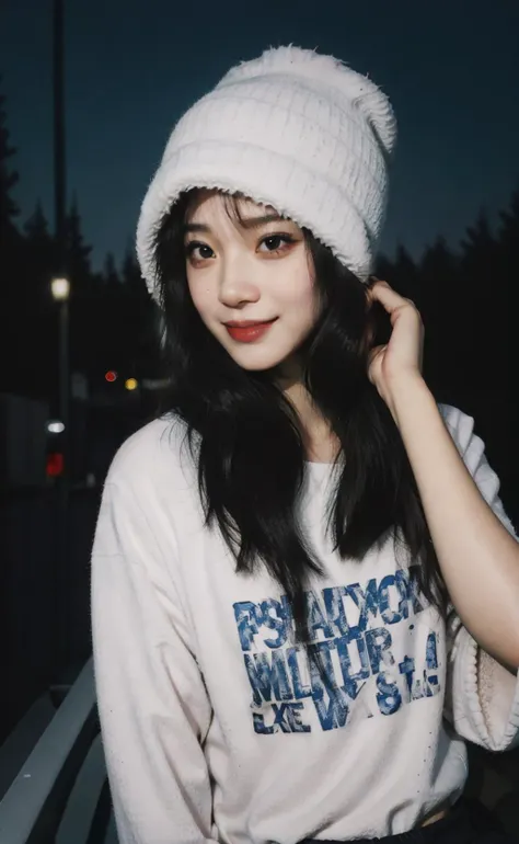 <lora:InstantPhotoX3:0.7>, 1girl, smile, stylish outfit, leggings, printed oversized shirt, keffiyeh , dark wool cap, (realistic detailed eyes, natural skin texture, confident expression), in the road, outdoors, moonlight, dynamic composition, engaging pose, soft yet striking lighting, shallow depth of field, sharp details, highly detailed, hyper-realistic, 50mm lens, naturally blurred background.
