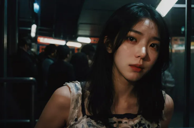 chinese woman in a standing in an hong kong subway staircase, bright, low exposure, oversaturated, silky smooth hair, mature women, milf, tired, gloomy, small breasts, highly detailed, realistic, masterpiece, christopher doyle style, cinema, cinematography, skin imperfections, night time , <lora:add_detail:0.6>,depressing, wong kar wai, tranquil, symetrial face, film grain, casual attire, going upstairs, film grain, high saturation,realistic, scenery, city,night,neon lights,neon trim, <lora:InstantPhotoX3:0.7> , wifebeater shirt
