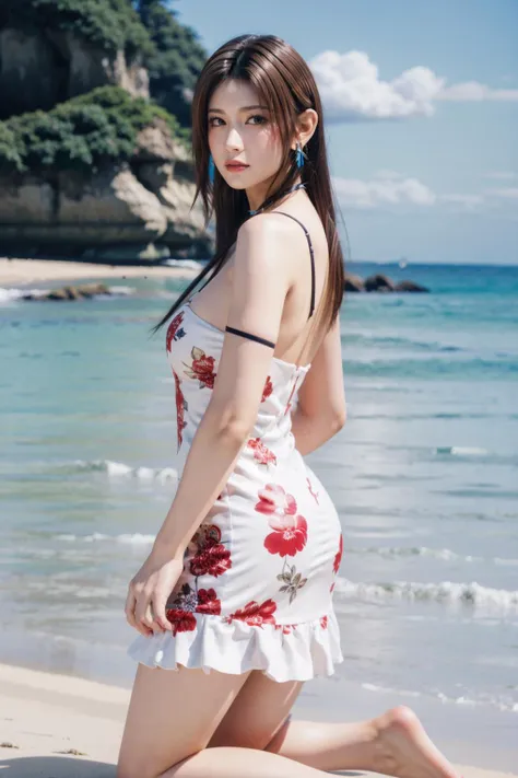 (Masterpiece), (Best Quality), (realistic:1.5), photorealistic, octane render, 8K Wallpaper, ultra sharp, extremely detailed, 1girl, brown hair, solo, barefoot, brown eyes, dress, outdoors, beach, looking at viewer, jewelry, earrings, breasts, long hair, feet, blurry background, white dress, smile, soles, day, kneeling, floral print, blurry, full body, toes, medium breasts, bare shoulders, bangs, closed mouth, ocean, looking back, bare legs, lips, choker, <lora:add_detail:0.7>, <lora:FilmVelvia3:0.3>, <lora:InstantPhotoX3:0.4>, <lora:doa_rachel:0.8>, rachel,