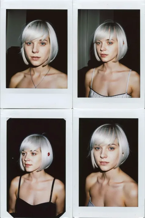 (instantphoto) of young woman, (white hair), bob cut,analog style, (modelshoot style), 35mm, vignette, intricate detail, film grain, portra ,<lora:INSPHOT2:0.6>