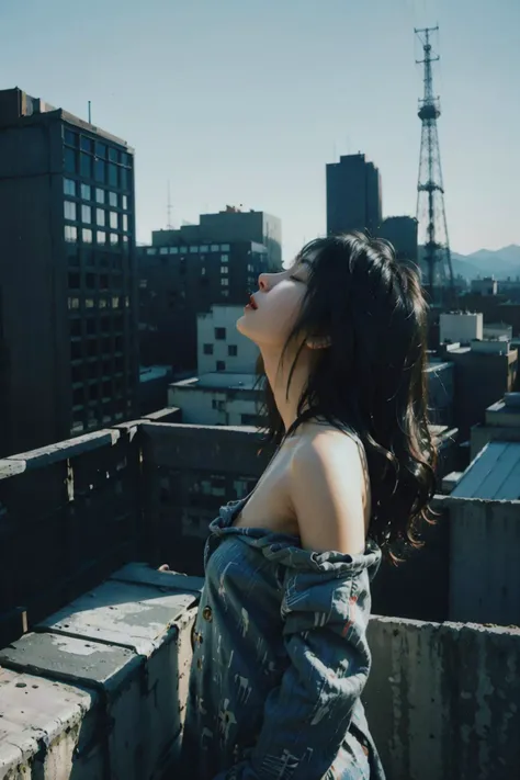 Best quality, masterpiece, ultra high res, raw photo, beautiful and aesthetic,deep shadow, dark theme,(photorealistic:1.4),
(1girl, opening coat, closed mouth, small face, off shoulders, looking up, profile), slim body, fit, cowboyshot, ((film grain):1.2, (35mm film)),
outdoors, (rooftop),