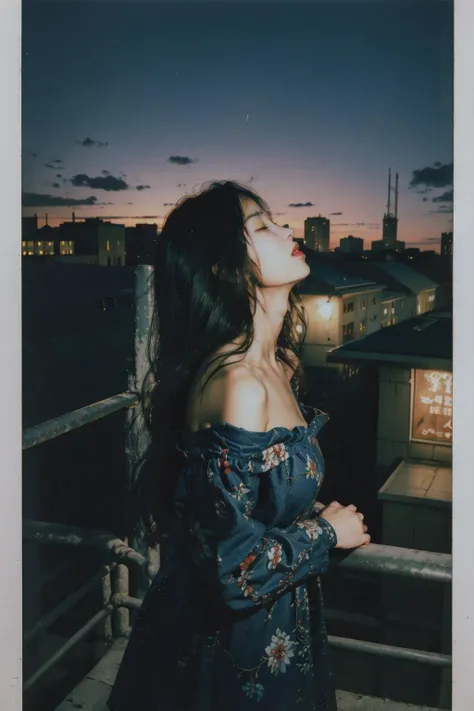 Best quality, masterpiece, ultra high res, raw photo, beautiful and aesthetic,deep shadow, dark theme,(photorealistic:1.4),
(1girl, opening coat, closed mouth, small face, off shoulders, looking up, profile), slim body, fit, cowboyshot, ((film grain):1.2, (35mm film)),
outdoors, (rooftop),