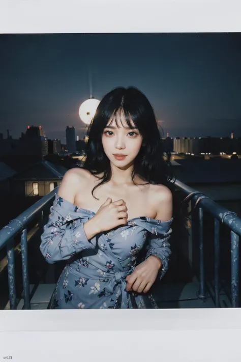 A very cute face like an idol、One 20-year-old woman with a youthful appearance、((leica 50 mm prime lens, cinestill 800T film))、(Cleavage)、(((Looking at the beautiful moon in the night sky from the window in my room)))、((Very dim lighting))、((Don&#39;t expose your face to the light))、((Long-distance shot))、RAW Photos、Genuine、live-action、(Artistic Expression)、High resolution、masterpiece