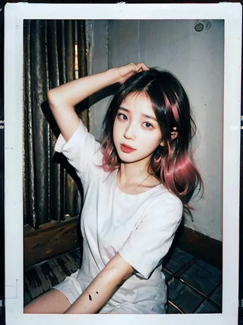 instant photo, (white Photo border:1.4), polaroid photo, official art, unity 8k wallpaper, ultra detailed, realistic,beautiful and aesthetic, beautiful, masterpiece, best quality, (film grain:1.2), (floating dust particle:1.2), award winning photo, 24mm, on focus, spotlight, (rim light:1.4), (in the dark:1.2), dimly lit, low key, deep shadow, (highly detailed skin:1.2), (ecstasy of flower:1.2) dynamic angle, cowboyshot, the most beautiful form of order, elegant, a brutalist designed, vivid colours, romanticism, atmospheric, standing split,(seductive smile:1.1), undershirt, sexy no jutsu, assertive female, beautifly, indoors, (tongue out:1.2), (bathing:1.2), wet, <lora:add_detail:0.5>, kneeling position, looking up, (pose:1.1), orgasm, (evening:1.1), assertive female, (from front:1.2), smog, (dim lighting:1.2), body blush, (hands in hair:1.2), small breasts, messy and wet hair, sexy, (sexy god), blue eyes,solo, depth of field, (((shiny skin))), <lora:iu_v35:0.3>, <lora:InsPX2:0.65>, (white shirt:1.3), (close up:1.4), (Clean screen:0.75), (selfie:1.1), pink hairpin, (pink hair:1.3), (less highlight:1.5)