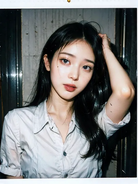 instant photo, (white Photo border:1.4), polaroid photo, official art, unity 8k wallpaper, ultra detailed, realistic,beautiful and aesthetic, beautiful, masterpiece, best quality, (film grain:1.2), (floating dust particle:1.2), award winning photo, 24mm, on focus, spotlight, (rim light:1.4), (in the dark:1.2), dimly lit, low key, deep shadow, (highly detailed skin:1.2), (ecstasy of flower:1.2) dynamic angle, cowboyshot, the most beautiful form of order, elegant, a brutalist designed, vivid colours, romanticism, atmospheric, standing split,(seductive smile:1.1), undershirt, sexy no jutsu, assertive female, beautifly, indoors, (tongue out:1.2), (bathing:1.2), wet, <lora:add_detail:0.5>, kneeling position, looking up, (pose:1.1), orgasm, (evening:1.1), assertive female, (from front:1.2), smog, (dim lighting:1.2), body blush, (hands in hair:1.2), small breasts, messy and wet hair, sexy, (sexy god), blue eyes,solo, depth of field, (((shiny skin))), <lora:iu_v35:0.3>, <lora:InsPX2:0.65>, (white shirt:1.3), (close up:1.4), (Clean screen:0.75), (selfie:1.1), ((hairpin)), (long hair:1.3), (less highlight:1.5)