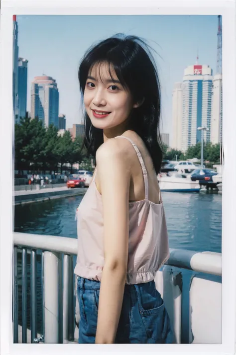 summer,(((unparalleled masterpiece))),(photo realistic:1.4),best quality,a close picture of a girl,(((outdoor))),((black strap cami top)),(denim shorts ),(157cm height),(17 years old girl:1.4),(pink blush face),(((looking at viewer))),(black hair:1.4),<lora:InstantPhotoX2:0.5>, ((white polaroid photo border)), <lora:weight_slider_v2:0>,<lora:josh3:0.8>, sweet smile,(film grain),slightly blurry, <lora:FilmVelvia3:0.6>,
