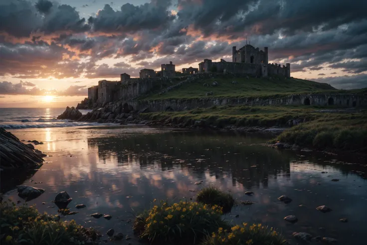 (Imaginative Digital Artwork:1.3) of (Ultrarealistic:1.3),(Peaceful:1.3) Cinematic shot of the fields of Ard Skellig at dusk, like a scene from The Witcher . Sun dips below the horizon casting long shadows across the island. Include the ruins of a stone watchtower on a clifftop, silhouetted against the fiery sky,CGSociety,ArtStation,(CMYK Colors:1.3), RAW photo, subject, (high detailed skin:1.2), 8k uhd, dslr, soft lighting, high quality, <lora:CineStyle5:0.333>, <lora:FilmVelvia2:0.333>, <lora:InstantPhotoX3:0.333><lora:add_detail:1.0><lora:add_detail:1.0>
