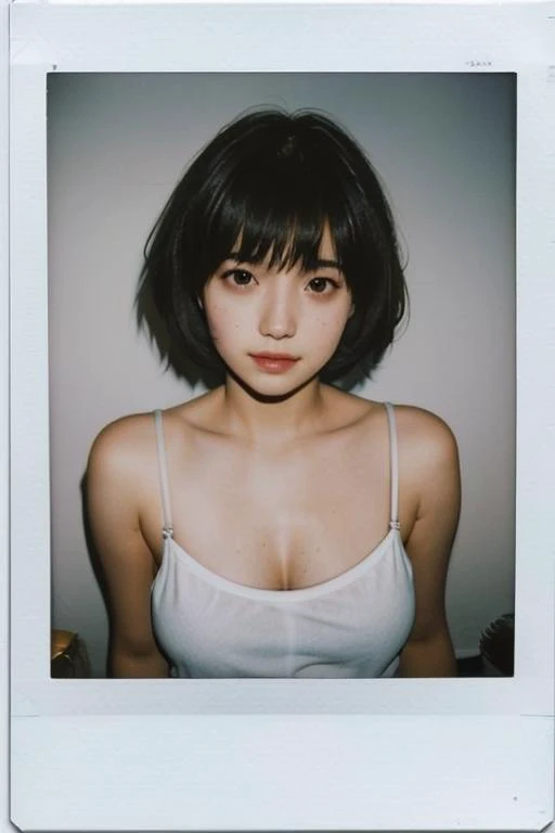 <lora:INSPHOT2:0.6>, Instantphoto, Fashion photography of 1girl, solo, natural skin texture, fluffy short hair, Camisole, realistic photo, vibrant details, finely detailed, wide angle, masterpiece, best quality, <lora:FilmG2:0.1>