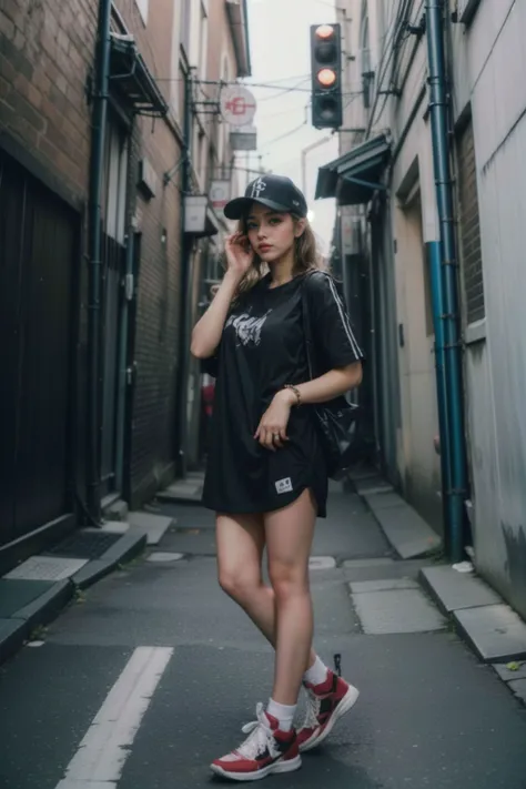 (masterpiece:1.4, best quality), (intricate details), unity 8k wallpaper, ultra detailed, 1girl, Unconventional, sexy allure, dynamic pose, boss mode, gang signs, Oversized jersey dress, high-top sneakers, statement accessories, jewelry, dutch braid, medium hair, auburn, (Hip Hop Art:1.2), (Eric Coleman:1.4), tattoos, villain, streetgang, secret alleyway, <lora:more_details:0.8> <lora:InstantPhotoX3:0.6>