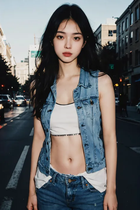 (Best quality),(masterpiece),(ultra high res:1.2),photorealistic,raw photo,unity 8k wallpaper,cowboy shot,traffic light,((1girl)),cutoff jeans,denim vest,navel,hand in pockets,long hair,<lora:InstantPhotoX3:0.6>,