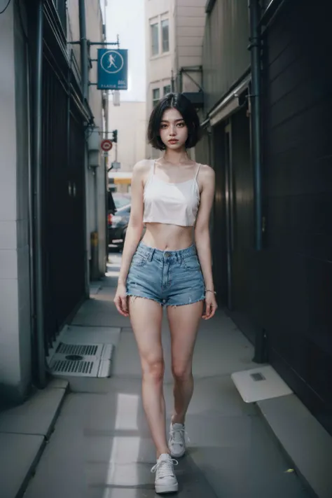 (masterpiece:1.4, best quality), (intricate details), unity 8k wallpaper, ultra detailed, 1girl, nsfw, Bold, sexy allure, dynamic pose, boss mode, gang signs, Denim shorts, crop top, platform sneakers, jewelry, waterfall braid, very short hair, light brown, (Hip Hop Art:1.2), (Errol Sawyer:1.4), tattoos, villain, streetgang, secret alleyway, <lora:more_details:0.8> <lora:InstantPhotoX3:0.6>