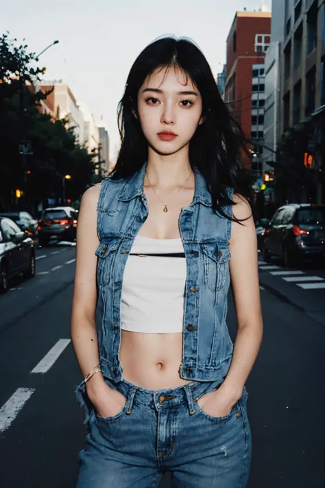 (Best quality),(masterpiece),(ultra high res:1.2),photorealistic,raw photo,unity 8k wallpaper,cowboy shot,traffic light,((1girl)),cutoff jeans,denim vest,navel,hand in pockets,long hair,<lora:InstantPhotoX3:0.6>,