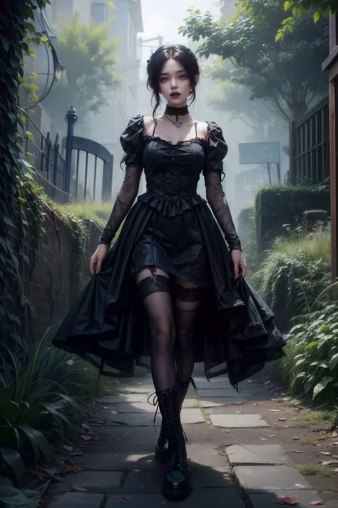 (masterpiece:1.4, best quality), (intricate details), unity 8k wallpaper, ultra detailed, 1girl, Contempt, Dystopian goth outfit with post-apocalyptic-inspired clothing, distressed layers, and combat boots, Smoky grey eyeshadow with a hint of shimmer, (Ralph Eugene Meatyard:1.3), (High fashion goth:1.3), Haunted mansion with overgrown gardens, <lora:more_details:0.8> <lora:InstantPhotoX3:0.7>