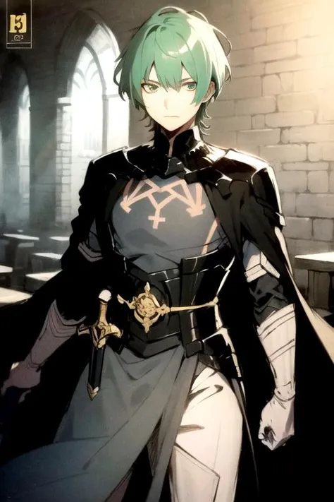 absurdres, (illustration:0.9), (sketch:1.2), (ultra-detailed), (perfect face:1.3), anime, mbyleth, 1boy, solo, green hair, green eyes, armor, gloves, black cape, glowing, glowing green, looking at viewer, (blank expression), cowboy shot, contrapposto, castle, BREAK concept art, comic book, sword, weapon, holding weapon, <lora:MByleth:1>