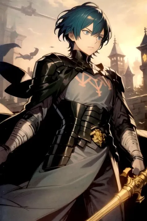 absurdres, (illustration:0.9), (sketch:1.2), (ultra-detailed), (perfect face:1.3), anime, mbyleth, 1boy, solo, blue hair, blue eyes, armor, gloves, black cape, dagger, (blank expression), cowboy shot, contrapposto, castle, BREAK concept art, comic book, sword, weapon, holding weapon, <lora:MByleth:1>