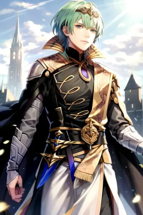 masterpiece, best quality, (illustration), [sketch], EObyleth, 1boy, solo, male focus, green eyes, green hair, armor, cape, knife, sheath, dagger, standing, sheathed, shoulder armor, castle, looking at viewer, belt, long sleeves, cowboy shot <lora:MBylethV2-10:1>