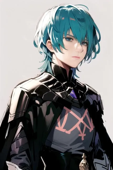 absurdres, (illustration:0.9), (sketch:1.2), (ultra-detailed), (perfect face:1.3), anime, mbyleth, 1boy, solo, blue hair, blue eyes, armor, gloves, black cape, (blank expression), <lora:MBylethV2-10:1>