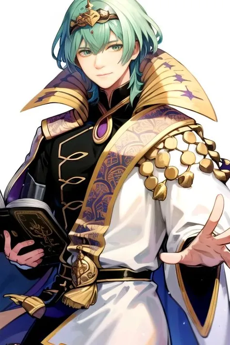 masterpiece, best quality, (illustration), [sketch], EObyleth, 1boy, male focus, green hair, green eyes, book, solo, holding, white background, holding book, library, open book, closed mouth, smile, short hair, cape, looking at viewer, bangs, tassel, tiara, hair between eyes, robe, long sleeves <lora:MBylethV2:1>