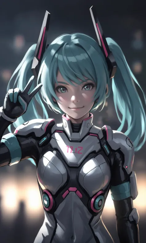 (best quality, high resolution, extremely detailed:1.2),highres,4k,8k,v,smile,hatsune miku,mecha suit,tight suit,upper body,closed mouth,looking at viewer,arms behind back,intricate detail,cinematic lighting,amazing quality,amazing shading,soft lighting,Detailed Illustration,anime style,wallpaper,