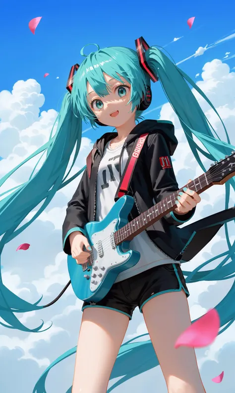 score_9,score_8_up,score_7_up,source_anime,
1girl,hatsune miku \(append\),vocaloid,long hair,twintails,aqua hair,very long hair,aqua eyes,
masterpiece,best quality,guitar,solo,instrument,hood,sky,outdoors,hoodie,petals,shorts,hood down,flower,black shorts,cloud,electric guitar,blue sky,standing,holding,long sleeves,hoodie,solo focus,