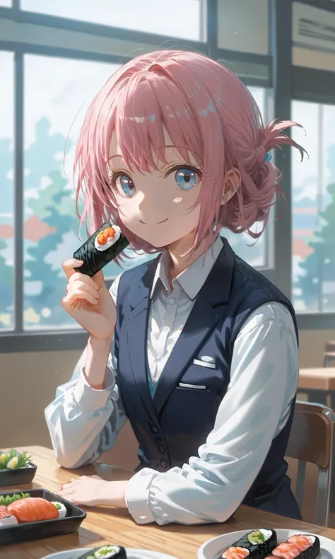 score_9,score_8_up,score_7_up,source_anime,1girl,solo,Furuhashi Suzuna,Suzuna's business suit,solo,looking at viewer,smile,head on hand,depth of field,indoors,restaurant,coach,window,(food),(sushi),(table),