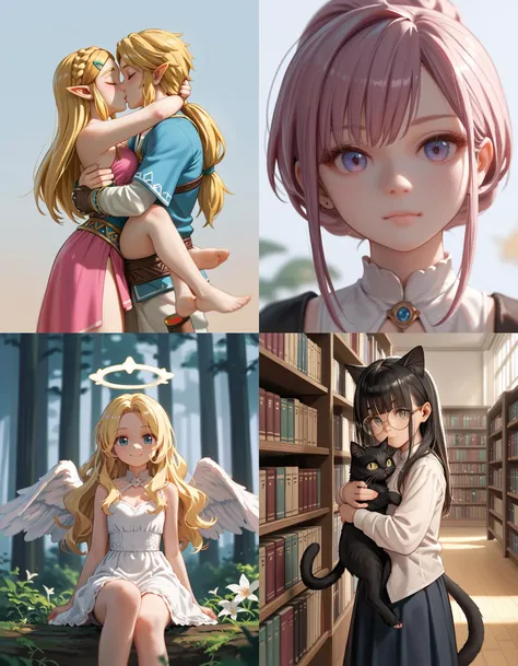https://civitai.com/articles/5300 ___ All images: score_9, score_8_up, score_7_up ___ 1st image: 1girl, 1boy, Princess_Zelda, \(The_Legend_of_Zelda:_Breath_of_the_Wild\), standing, kiss, hug, closed_eyes ___ 2nd image: 1girl, lovely face, portrait, close-up, looking_at_viewer, closed_mouth ___ 3rd image: 1girl, solo, blonde_hair, wavy_hair, angel, angel_wings, halo, smile, sitting, forest, white_dress ___ 4th Image: 1girl, solo, long_hair, black_hair, blunt_bangs, straight_hair, round_eyewear, cat_girl, cat_ears, cat_tail, standing, hug cat, looking_at_viewer, library