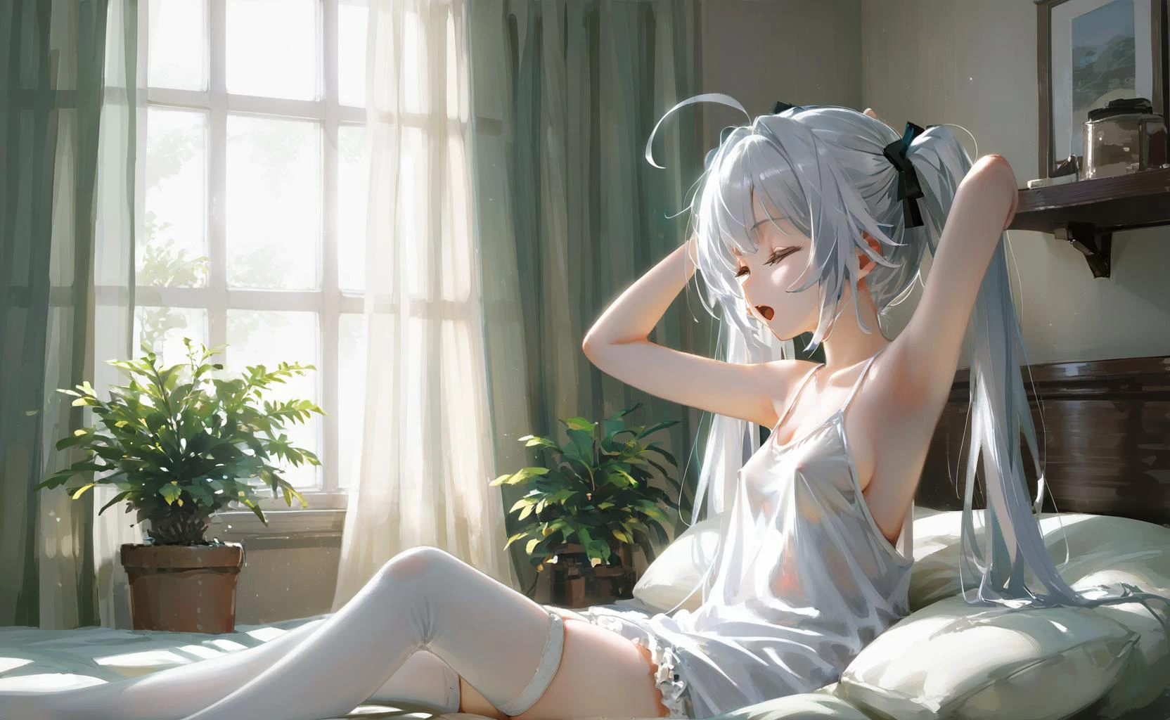 a girl,cute girl,white hair,long hair,twintails,ahoge,big white shirt,arms_up,armpit,half-closed_eyes,open_mouth,nipple_tweak,indoor,Body silhouette,Soft light,lager_breasts,curtains,window,floating,Potted plant,sitting on bed,
score_9,score_8_up,score_7_up,source_anime,zPDXL,from_side,bottomless,
(masterpiece), (best quality), (ultra-detailed),backlighting,thighhighs,